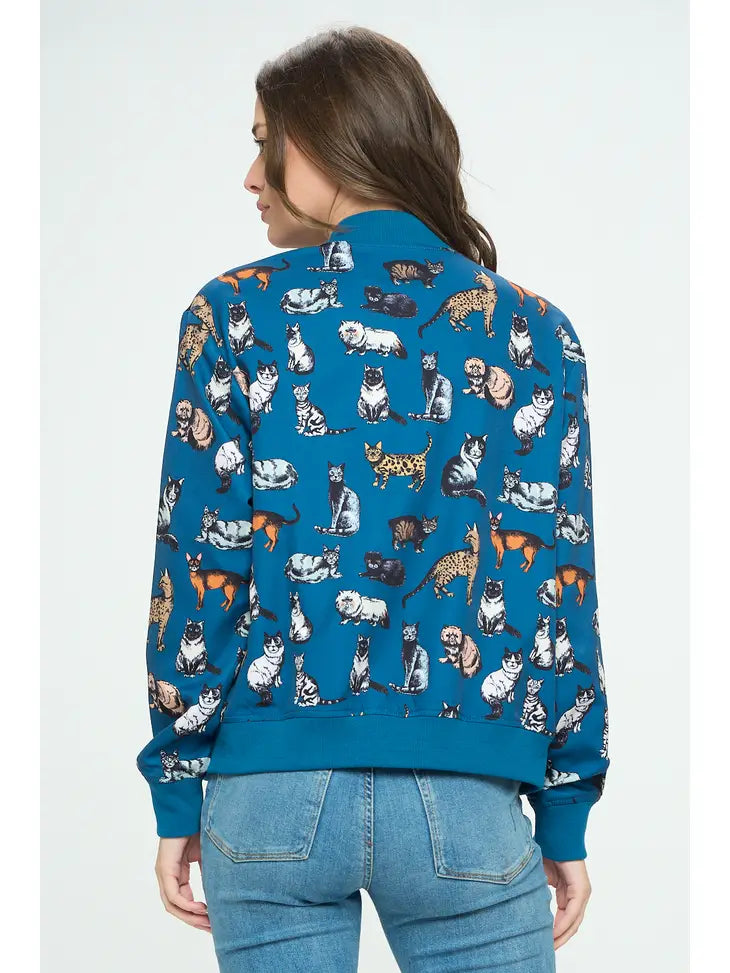 Bomber Jacket - Multi Cat Print On Blue