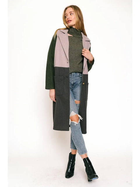 Coat - Long Color Block Charcoal