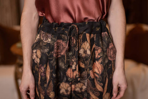 Linen Crop Artist Pant - Momento with Floral Print & Skull