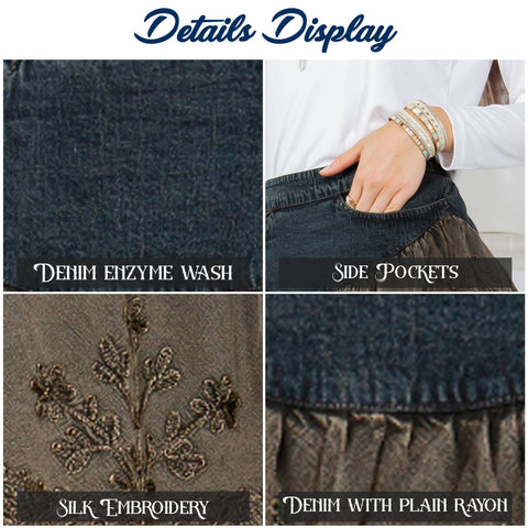 Mini Skirt - Boho Denim Fusion Overdyed Mini Skirt with Tiers of Denim Gravel