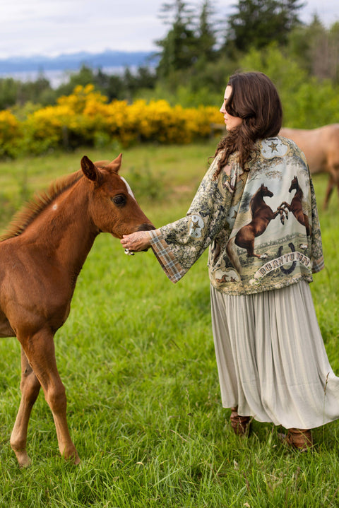 Pixie Duster Crop Kimono - Born to Run  w/ Horse & Flower Print