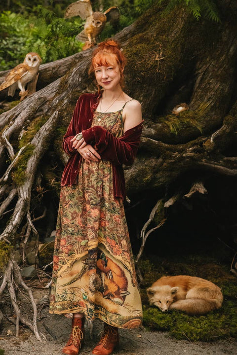 Bohéme Maxi Slip Dress - Woodland Wisdom w/ Florals, Fox & Owl