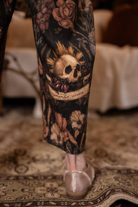 Linen Crop Artist Pant - Momento with Floral Print & Skull