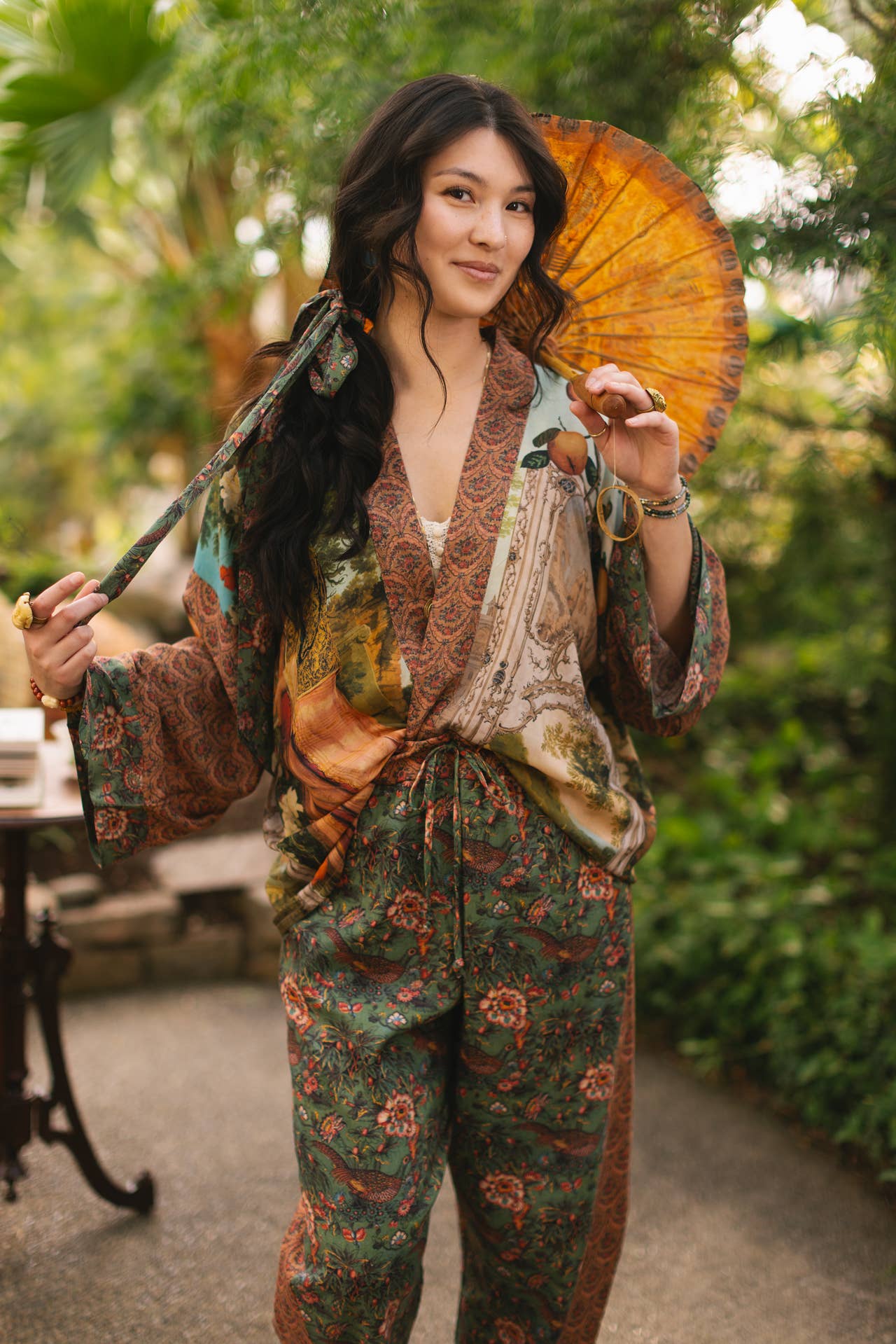 Cropped Bamboo Kimono Cardigan - Secret Garden with Swan