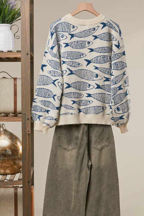 Sardine Story Knit Sweater: Blue / L