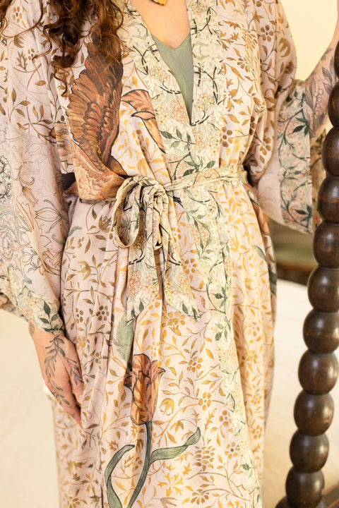 Opera Bamboo Floral Bird Kimono Duster Robe - Folklore