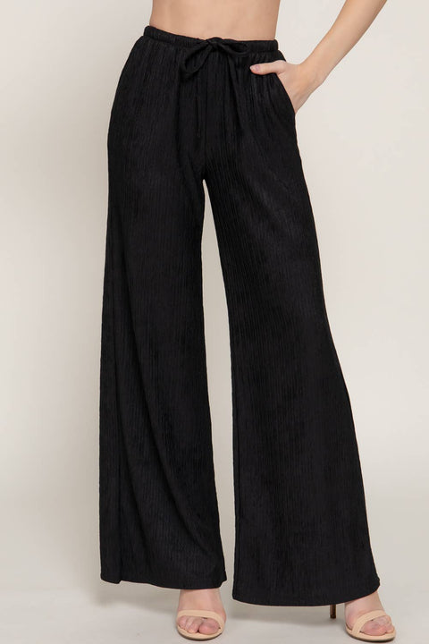Waistband Crinkle Knit Long Pants with Pockets - Black