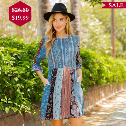 Women’s Boho Embroidered Side Pocket Western Mini Dress - Grey