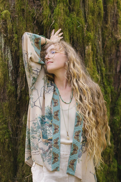Cropped Bamboo Kimono Cardigan - Earth and Sky Cropped with Tree Print