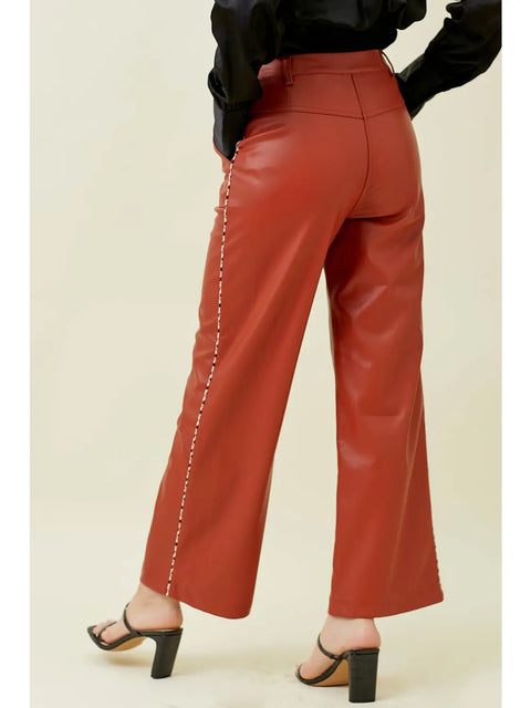 Pants - Piping Faux Leather Brick Red