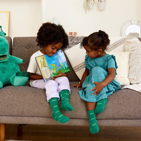 Kids Socks that Give Books - Green Dinosaurs