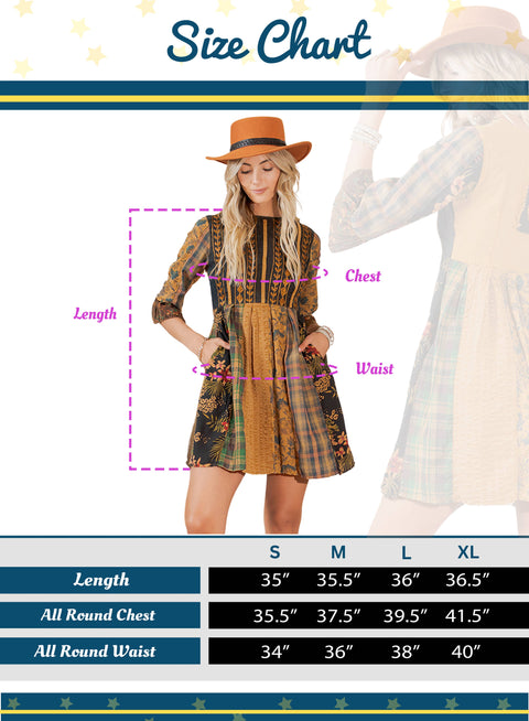 Mini Dress - Rustic Bohemian Fit and Flare Patchwork Camel