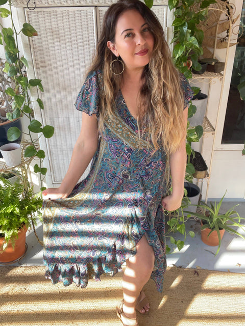 Dress (Silk Adjustable Ruffle Wrap) - Limited Batch (Olive Trim)