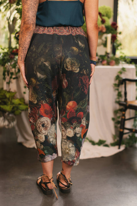 Linen Cropped Artist Pants - Flight of Fancy with Hummingbird