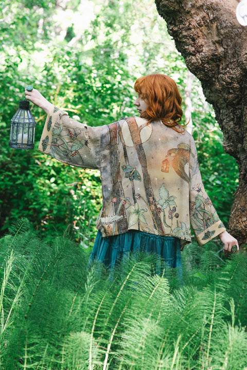 Cropped Kimono - Lovelight Pixie with Woodland Swallow & Stars