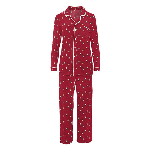 Women's Collared Pajama Set (Long Sleeve) - Crimson Holiday Lights