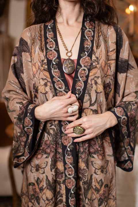 Opera Duster Kimono Robe - Momento with Starlings & Skull
