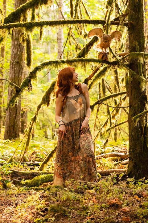 Bohéme Maxi Slip Dress - Woodland Wisdom w/ Florals, Fox & Owl