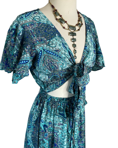 Dress - Tie Front Cut Out High and Low Silk (Blue)