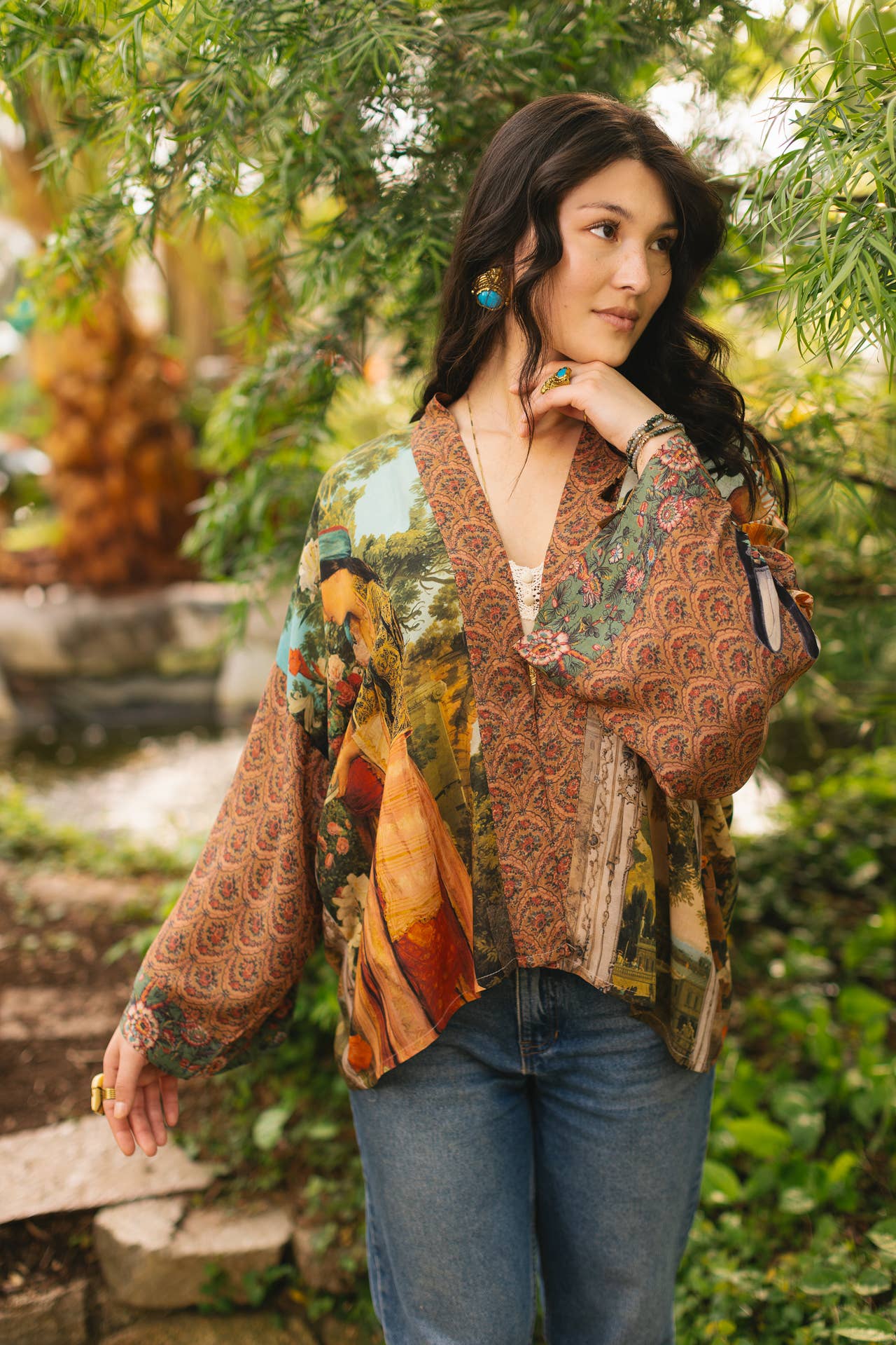 Cropped Bamboo Kimono Cardigan - Secret Garden with Swan