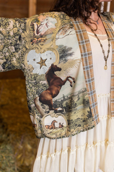 Pixie Duster Crop Kimono - Born to Run  w/ Horse & Flower Print