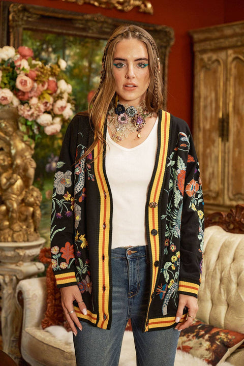 French Terry Cardigan - Hermione Night Floral Embroidery