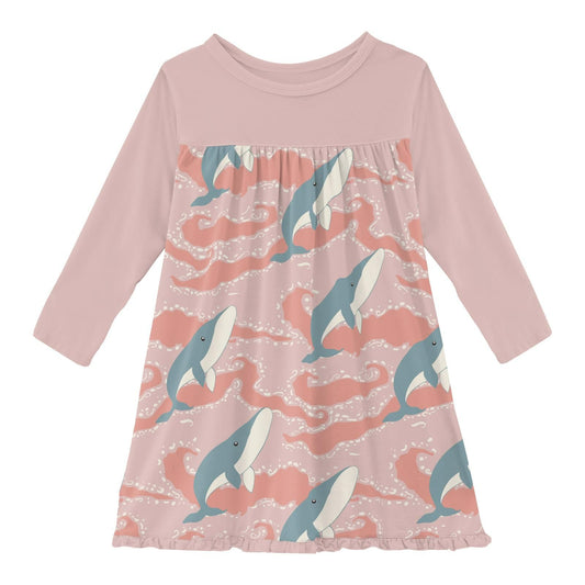 Classic Swing Dress (Long Sleeve) - Baby Rose Splashing Whales