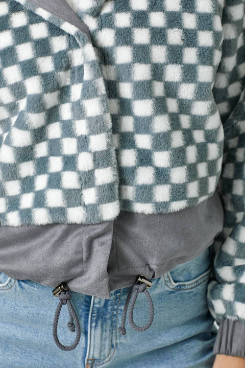 Checkered Faux Fur Jacket - Denim Blue
