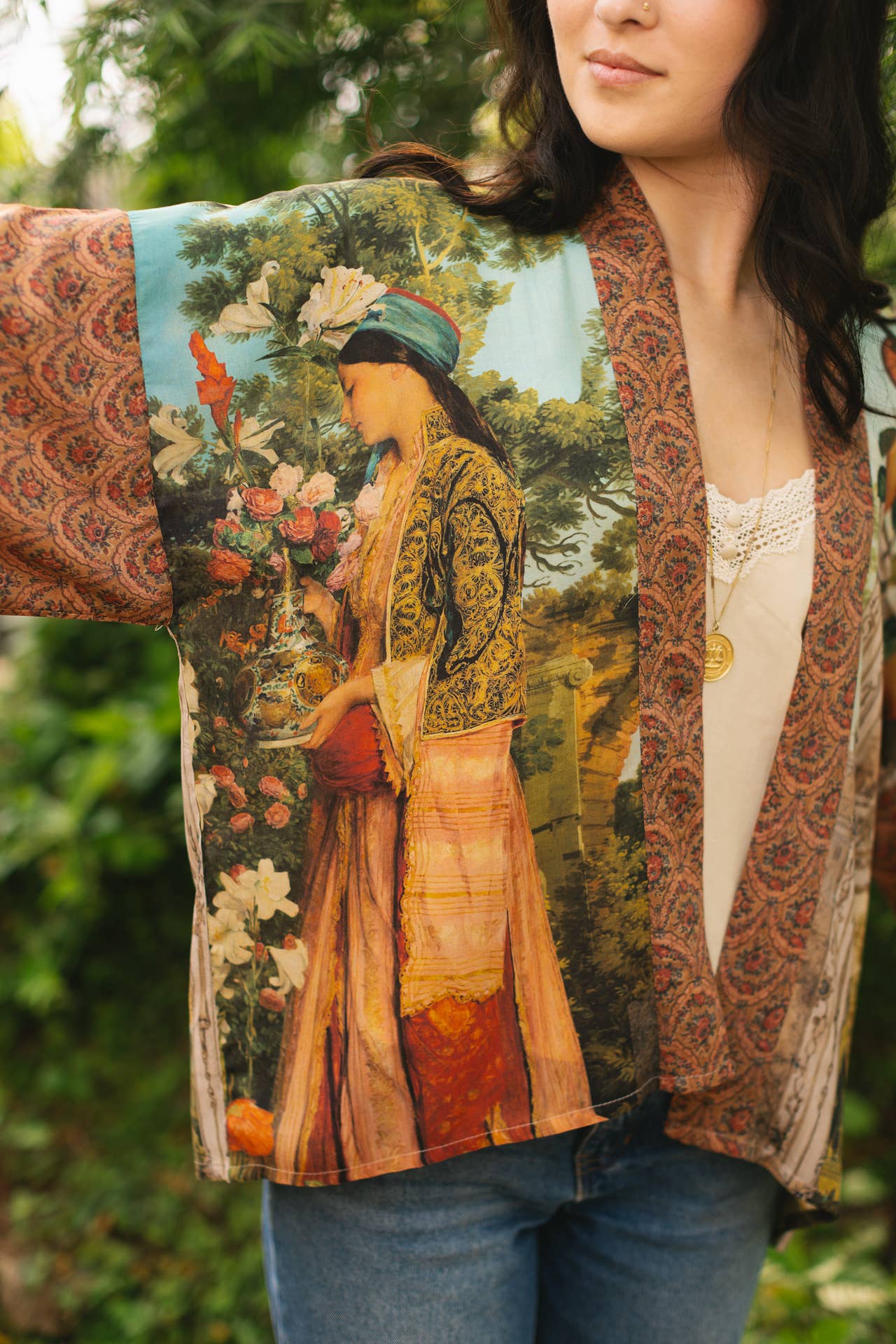 Cropped Bamboo Kimono Cardigan - Secret Garden with Swan