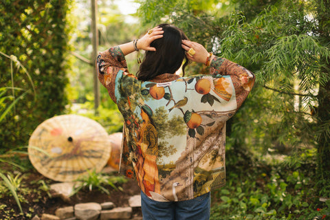 Cropped Bamboo Kimono Cardigan - Secret Garden with Swan