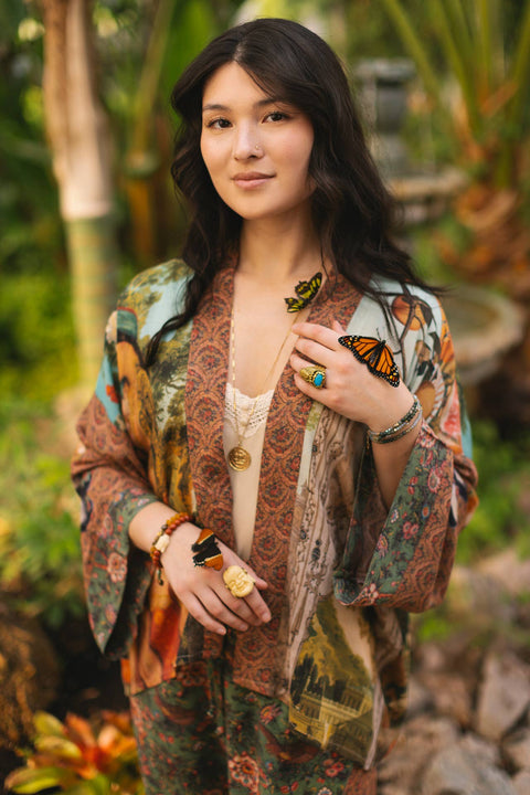 Cropped Bamboo Kimono Cardigan - Secret Garden with Swan