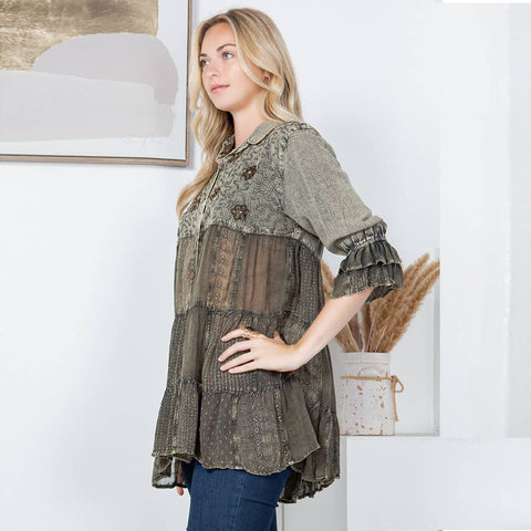 Women’s Mexican Embroidery Blouse - Gathered Waist Shirt: Gravel (Plus Size)