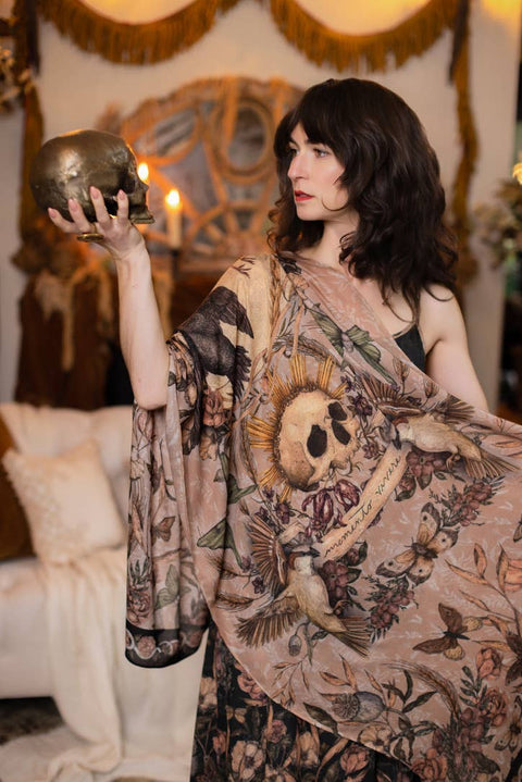 Bohemian Scarf - Momento with Floral Print, Starling & Skull