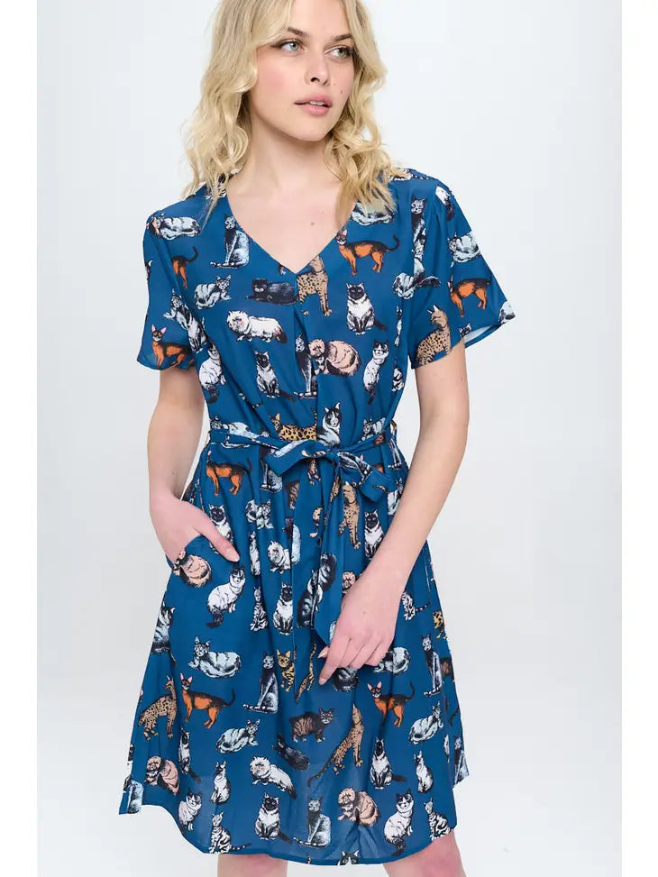Dress - All Over Cat Blue With Pocket
