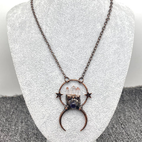 Necklace - White Crystal & Amethyst Star Moon Charm