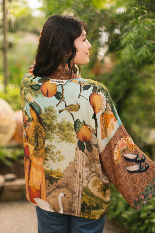 Cropped Bamboo Kimono Cardigan - Secret Garden with Swan