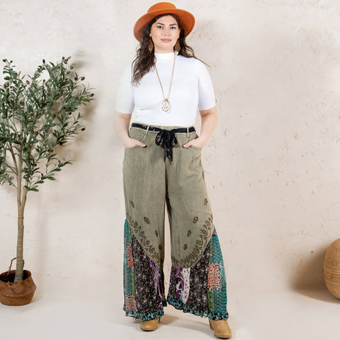 Boho Overdyed Rayon Bellbottom Pants - Gravel (Plus Size)