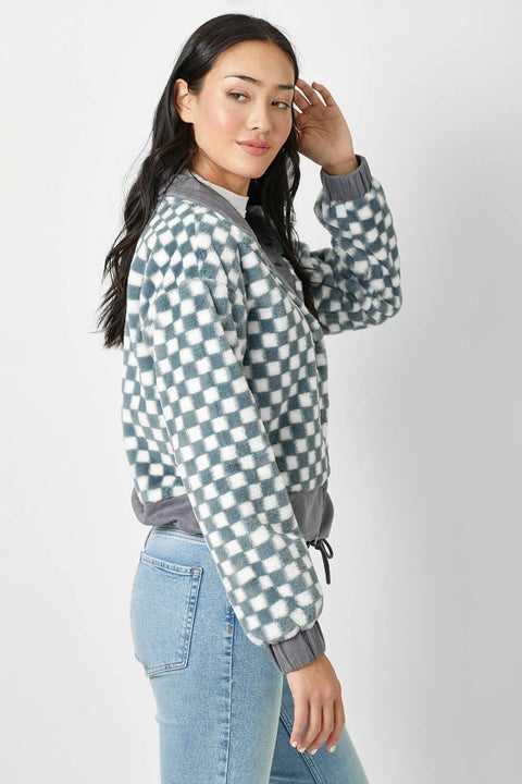 Checkered Faux Fur Jacket - Denim Blue