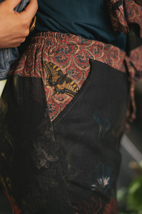 Linen Cropped Artist Pants - Flight of Fancy with Hummingbird