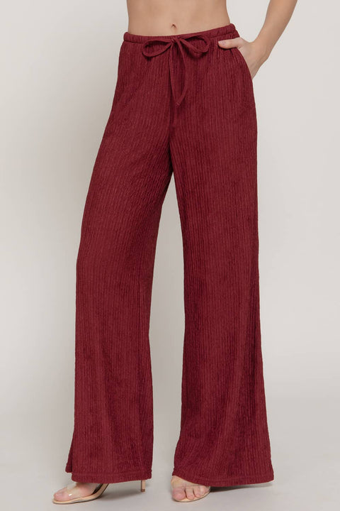 Waistband Crinkle Knit Long Pants with Pockets - Cherry Wine