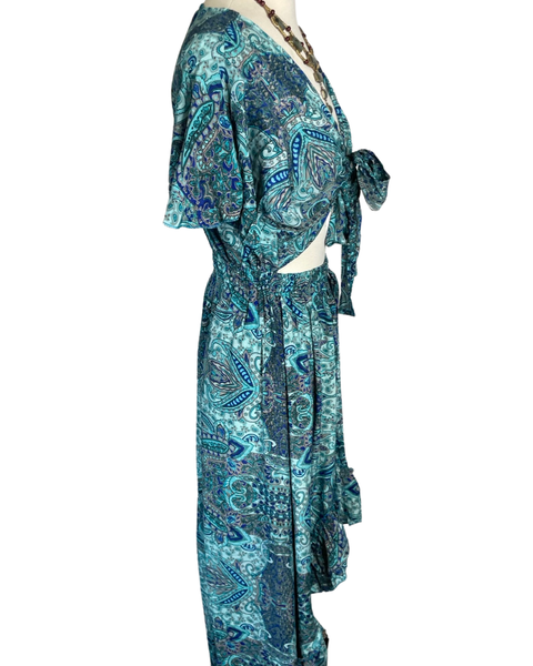 Dress - Tie Front Cut Out High and Low Silk (Blue)