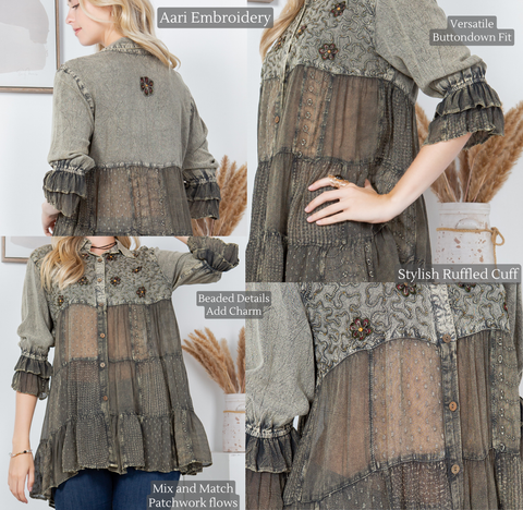 Women’s Mexican Embroidery Blouse - Gathered Waist Shirt: Gravel (Plus Size)