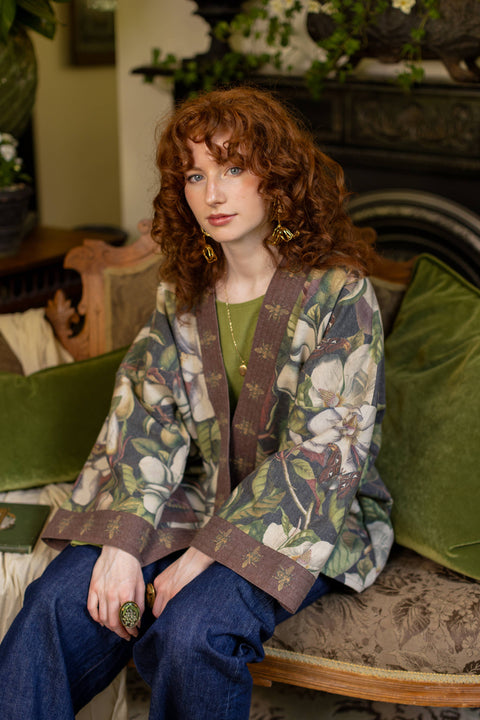 Fleece Cottage Cardigan Jacket - Fleur De Lune with Floral Print