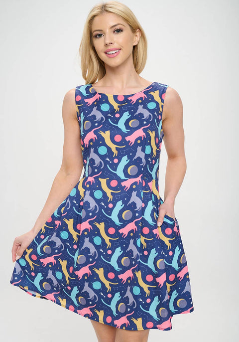 Skater Dress - Colorful Playful Cat Print