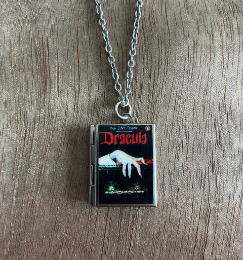 Necklace - Book Locket Dracula Black with Lingering Hand: Stainless Steel