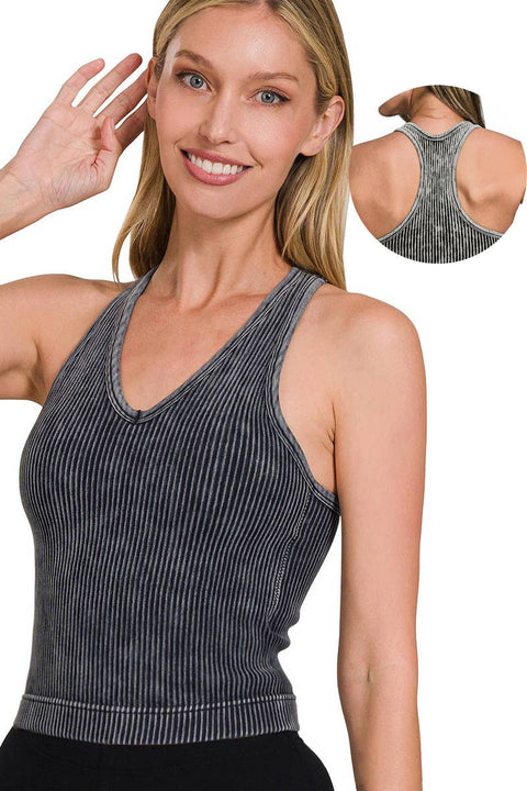 Washed Seamless Rib Crop Tank with Removable Bra - Ash Black