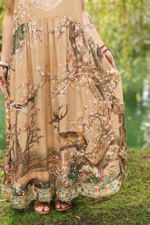 Long Maxi Slip Dress - Fable Bohéme w/ Blossoms, Deer & Moon