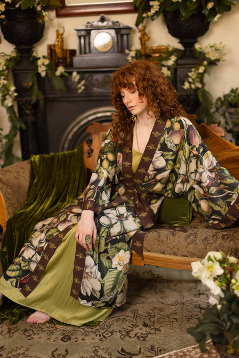 Opera Duster Kimono Robe - Fleur De Lune with Florals & Bees