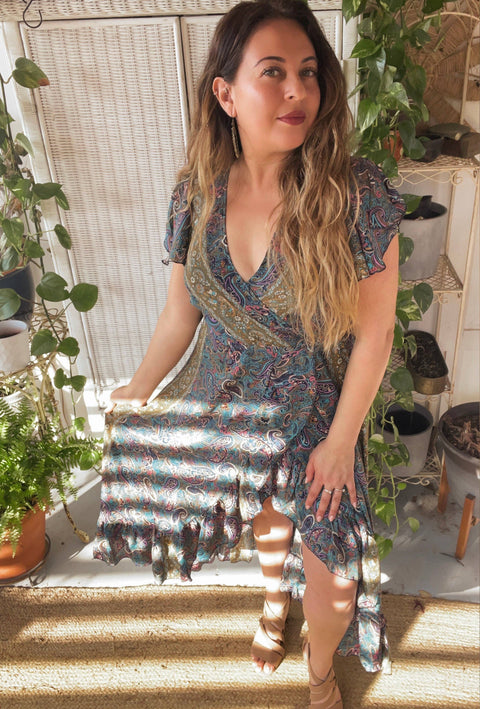 Dress (Silk Adjustable Ruffle Wrap) - Limited Batch (Olive Trim)