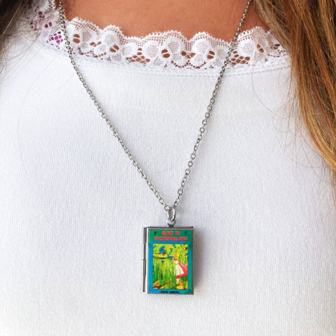 Necklace - Book Locket Alice in Wonderland Blue with Caterpillar: Stainless Steel